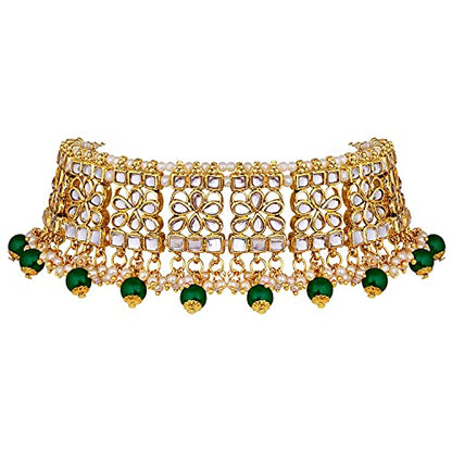 Aheli Elegant Indian Faux Kundan Studded Choker Necklace with Maang Tikka Set Ethnic Wedding Wear Bharatanatyam jewellery set Gift for Women - color: Green