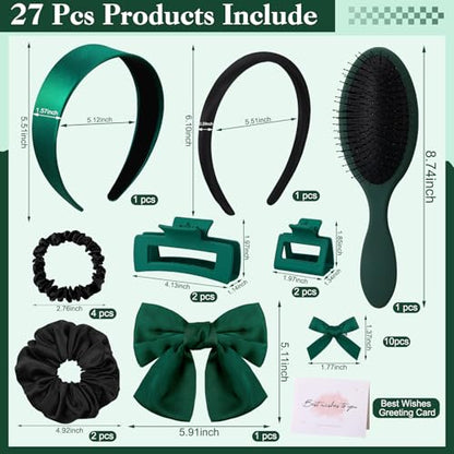 Dark Green Hair Accessories Kit for Women, 25 PCS Set Included Hair Scrunchies, Claw Clips, Bow Clips, Hair Brush and Headband Hair Gift Set for Women Girls