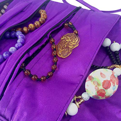 Travel Jewelry Roll Bag - Silk Embroidered Brocade Pouch for Rings, Necklaces, Earrings, Bracelets | Lightweight & Tie Closure (Dark Purple) - color: Dark Purple