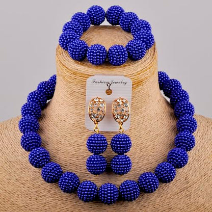 Nigerian Wedding African Beads Jewelry Set Women Simulated Pearl Necklace and Earrings - color: Royal Blue