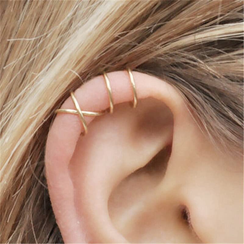 4PCS Helix Ear Cuff Cartilage Earring No Piercing Earcuff, 925 Sterling Silver,14K Gold Simple Criss Cross Double Lines Adjustable Ear Cuffs Minimalist Women Girls Men Clip On adornment Set - color: gold
