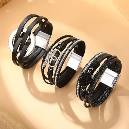 Sanfenly Leather Wrap Bracelets for Women,Boho Wrap Bracelets Leather Cuff Bangle Beads Bracelets Stackable Western Bracelets Jewelry for Women (Gold/Black/Gray/Turquoise) - color: Black Leather