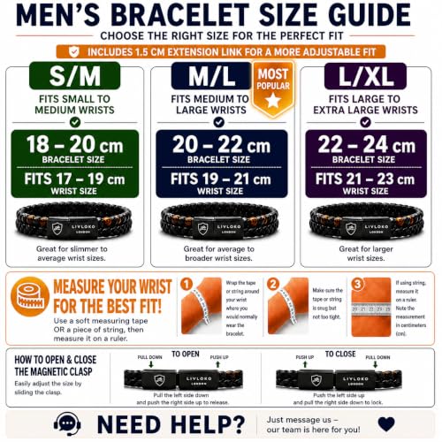 LONDON Mens Bracelet Leather Black Multi-Layer Stone Beads Adjustable Steel Clasp Viking Rope Bands Surfer Man Wristband Male UK Jewellery Gift box Boyfriend Dad Son Brother Tiger Eye - color: D. 19-22cm Brown Leather Adjustable, size: Small to Medium 18-