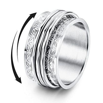 Magitaco Stainless Steel Spinner Rings Fidget Band Rings Moon Star Flower Butterfly Anxiety Rings for Women Men - color: Silver Flower