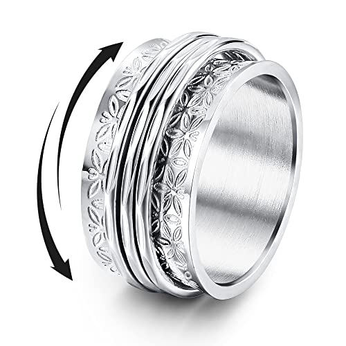 Magitaco Stainless Steel Spinner Rings Fidget Band Rings Moon Star Flower Butterfly Anxiety Rings for Women Men - color: Silver Flower