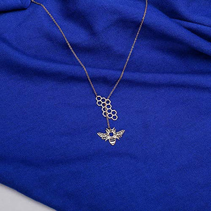 18K Gold Plated Stainless Steel Bee Honeycomb Pendant Necklace, Adjustable Y Lariat Conch/Guitar/Horseshoe Necklace for Women - color: Rose Gold, style: Bee