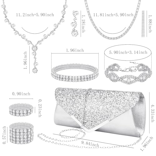 NEWITIN Purse Rhinestone Jewelry Set for Women Prom Jewels Crystal Clutch Purse Necklaces Rings Bracelets Earrings Gold Silver Jewelry Set for Women Bride - color: 11 Pieces Silver