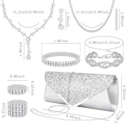 NEWITIN Purse Rhinestone Jewelry Set for Women Prom Jewels Crystal Clutch Purse Necklaces Rings Bracelets Earrings Gold Silver Jewelry Set for Women Bride - color: 11 Pieces Silver