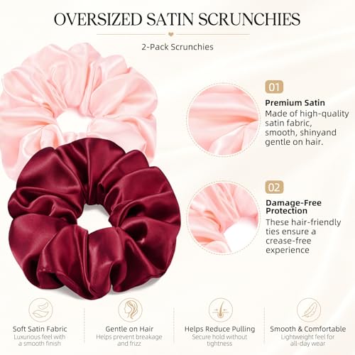 2 PCS Burgundy Pink Jumbo Satin Silky Scrunchies 6.5 Inches Oversized Scrunchie Extra Large Big Hair Ties Ponytail Holder for Thick Curly Hair Women (Burgundy, Pink) - color: Burgundy, Pink