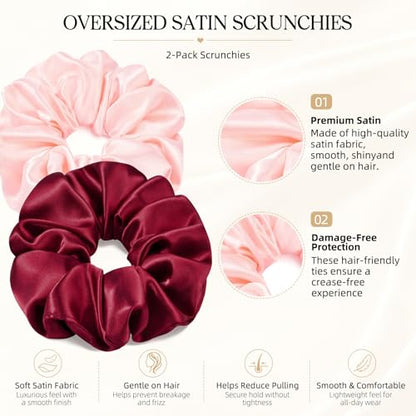 2 PCS Burgundy Pink Jumbo Satin Silky Scrunchies 6.5 Inches Oversized Scrunchie Extra Large Big Hair Ties Ponytail Holder for Thick Curly Hair Women (Burgundy, Pink) - color: Burgundy, Pink