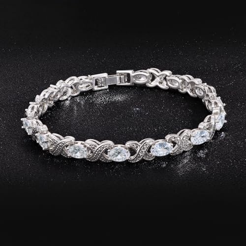 Tennis Bracelets for Women, Oval Tennis Bracelets with X-Shape Classic Design Cubic Zirconia Bracelet for Women Men, 14K White Gold Plated Elegant CZ Bracelet 6.5-7.5 Inches - size: 7 inch