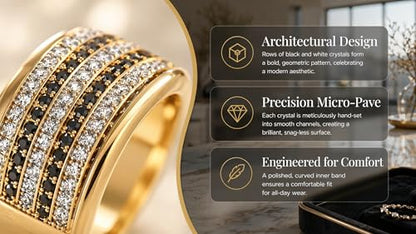 Hexa Wide Band Statement Ring, Fashion Rings for Women, Elegant Gold Jewelry Accessories,Perfect for Party & Date Night, Hypoallergenic & Durable - color: Gold Black