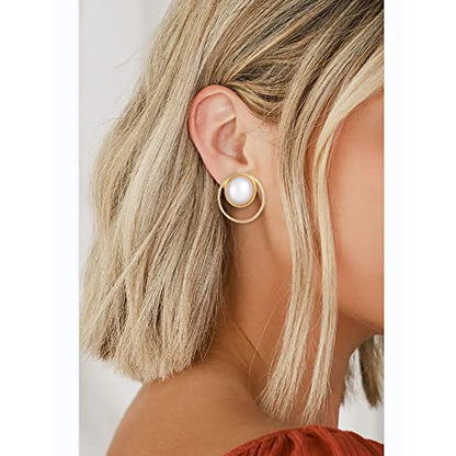 Gold Metal Clip On Earrings for Women Non Pierced Dangle Drop Earrings Multiple Styles - color: gold round pearl clip