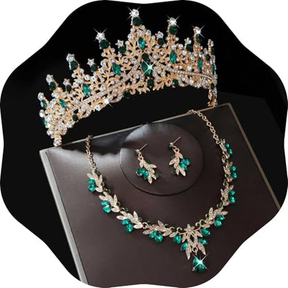 Kamirola Tiaras and Crowns for Women,Tiaras Earrings Necklace, Crystal Bridal Jewelry Set, Costume Jewelry for Women Party Halloween Prom Pageant - color: GOLD GREEN