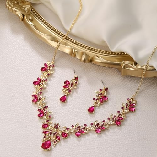 Women's Wedding Jewelry Set Leaf Flower for Bridal Prom Party | Stunning Crystal Teardrop Marquise Cluster Pendant Necklace Dangle Earrings Set for Bride Bridesmaid - color: Hot Pink Gold-Plated-Base