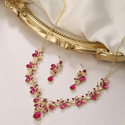 Women's Wedding Jewelry Set Leaf Flower for Bridal Prom Party | Stunning Crystal Teardrop Marquise Cluster Pendant Necklace Dangle Earrings Set for Bride Bridesmaid - color: Hot Pink Gold-Plated-Base