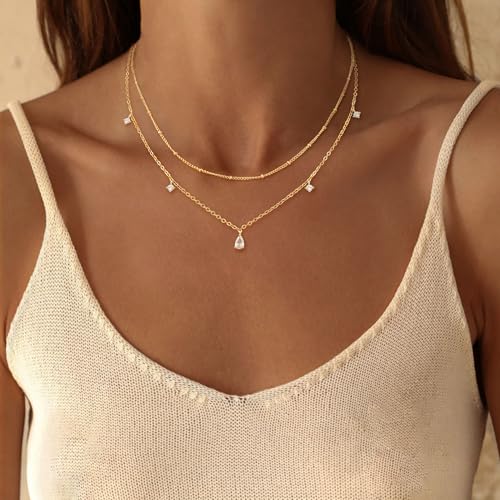 Layered Necklaces For Women,Dainty Gold Plated Necklace Stack Prom Layering Necklaces For Women Trendy Chain Cross Choker Necklace Set Fashion Accessories - color: cz+satellite