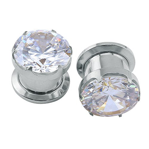 ZS 316L Stainless Steel Screw-Fit Ear Tunnel AAA+ Cubic Zirconia Ear Gauges | External Threaded Flesh Tunnels Plugs Ear Expander Stretcher Piercing Jewelry for Women Men - color: Silver, size: 6g(4mm)