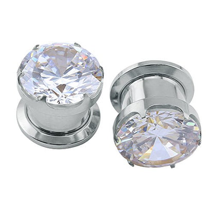 ZS 316L Stainless Steel Screw-Fit Ear Tunnel AAA+ Cubic Zirconia Ear Gauges | External Threaded Flesh Tunnels Plugs Ear Expander Stretcher Piercing Jewelry for Women Men - color: Silver, size: 1/2"(12mm)