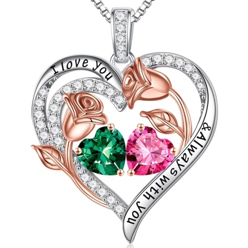 Iefil Birthstone Necklace for Women - Rose Heart Necklace | 925 Sterling Silver, Gift Box Packaging, Anniversary Birthday Gifts for Wife Mom Daughter - color: 05-10-May-Oct Birthstone