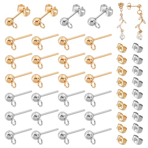 PH PandaHall 20 Pairs 304 Stainless Steel Earring Posts, Studs Flat Back Earrings Ear Pin Ball Post with Loop Butterfly Earring Backs for DIY Jewelry Making