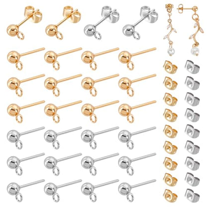 PH PandaHall 20 Pairs 304 Stainless Steel Earring Posts, Studs Flat Back Earrings Ear Pin Ball Post with Loop Butterfly Earring Backs for DIY Jewelry Making