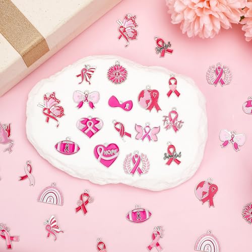 MARFOREVER 40 Pcs/20 Pairs Breast Cancer Awareness Charms | Pink Ribbon Charms forJewelry Making, Hope Ribbon Pendants, DIY Bracelet Necklace Earrings Making, Breast Cance Accessories - style: Breast Cancer Awareness