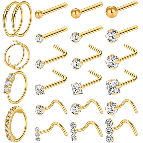 23-40 Pcs Gold Nose Rings & Studs - 18G & 20G Nose Piercing Jewelry - L Shape, Hoop & Screw Body Jewelry for Women & Men - color: Gold