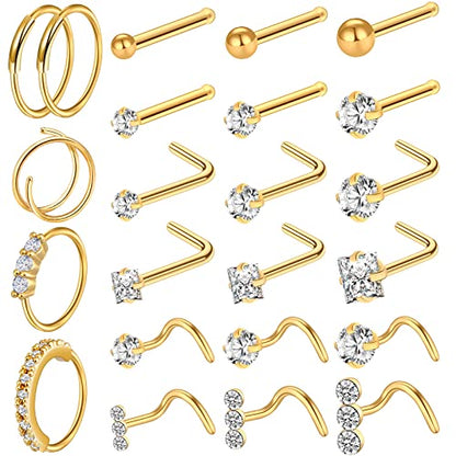 23-40 Pcs Gold Nose Rings & Studs - 18G & 20G Nose Piercing Jewelry - L Shape, Hoop & Screw Body Jewelry for Women & Men - color: Gold
