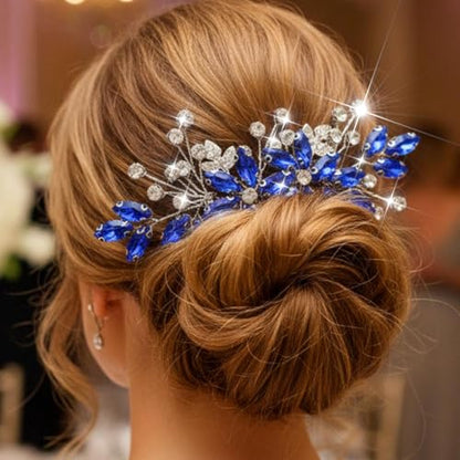 Casdre Crystal Bride Wedding Hair Comb Silver Leaf Bridal Hair Accessories Rhinestone Party Prom Hair Piece for Women and Girls (B Blue) - color: B Blue