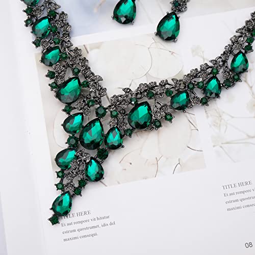 CSY Elegant Crystal Costume Jewelry Sets Flower Bridal Necklace Earrings Stretch Bangle Set for Bride Bridesmaid Wedding Dress Accessories - color: green crystal-black tone