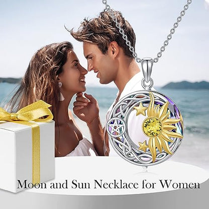 AOBOCO 925 Sterling Silver Moon Sun Star Necklace Celtic Jewelry for Women Girls - color: Circle Crystal-Volcano Color