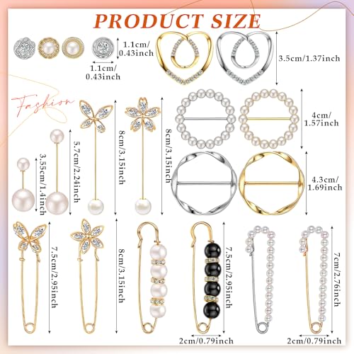 Huquary 20 Pcs Elegant Brooches Jewelry Accessories for Women, Pearl Rhinestone Brooch Safety Pins, Scarf Rings Clip Pin T-shirt Ties Clips Buckle for Wedding, Party, Daily Wear