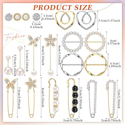 Huquary 20 Pcs Elegant Brooches Jewelry Accessories for Women, Pearl Rhinestone Brooch Safety Pins, Scarf Rings Clip Pin T-shirt Ties Clips Buckle for Wedding, Party, Daily Wear