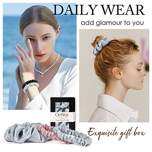 OLESILK 100% Mulberry Silk-Scrunchies for Hair Sleep, Women Grils Silk Hair Ties for Frizz & Breakage Curly Hair, No Damage, Elastics Ponytail Holder, 3 Pack - color: Royalblue