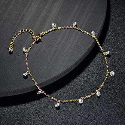 LOYATA Dainty Ankle Bracelet,14K Gold Plated Tiny Bead Anklet Dainty White Cubic Zirconia Cross Tassel Foot Chain Cute Lucky Moon Evil Eye Foot Jewelry Boho Anklets for Women - color: CZ