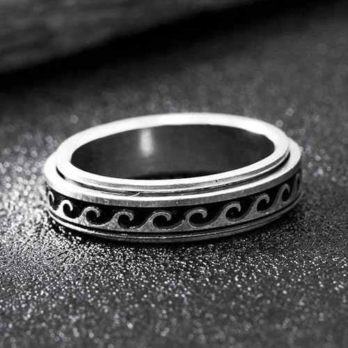 Wave Spinner Ring For Women, Summer Ocean Nautical Pattern Anti-Anxiety Fidget Two Tone Stainless Steel Jewelry Gift - color: Wave Spinner 8