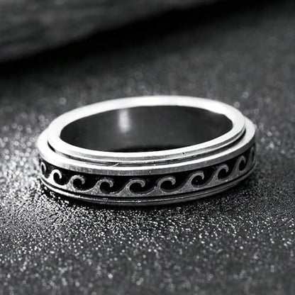 Wave Spinner Ring For Women, Summer Ocean Nautical Pattern Anti-Anxiety Fidget Two Tone Stainless Steel Jewelry Gift - color: Wave Spinner 10