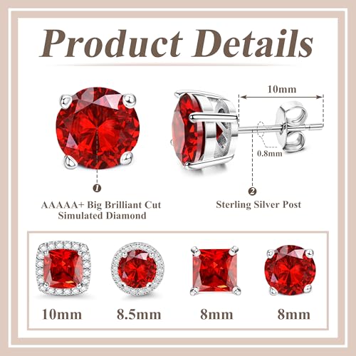 MILACOLATO S925 Sterling Silver Stud Earrings for Women Men Hypoallergenic 18K Gold Plated Cubic Zirconia Earrings Studs Brilliant Simulated Diamond Halo Earring for Sensitive Ears - style: 18K White Gold Plated - Red CZ