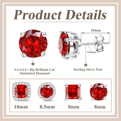 MILACOLATO S925 Sterling Silver Stud Earrings for Women Men Hypoallergenic 18K Gold Plated Cubic Zirconia Earrings Studs Brilliant Simulated Diamond Halo Earring for Sensitive Ears - style: 18K White Gold Plated - Red CZ