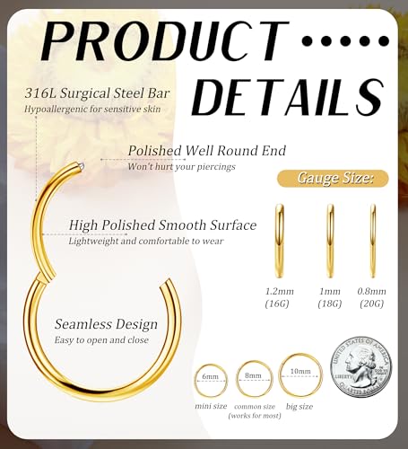 3pcs Nose Rings Hoops - 316L Surgical Steel Nose Hoops 16G/18G/20G CZ Opal Turquoise Clicker Septum Nose Ring Lip Helix Cartilage Hoop Earring Daith Rook Conch Body Piercing Jewelry for Women Men 6mm 8mm 10mm - color: Gold, size: 16 gauge(1.2mm)-8mm