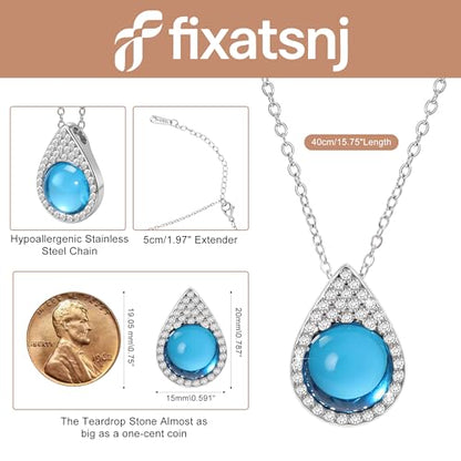 Women Trendy Faux Crystal Pendant Necklace 18K Gold/Silver Plated | CZ Halo Teardrop Drop Pendant Necklace Lightweight Fashion Jewelry Set Stackable For Wedding Daily Wear - color: Turquoise Blue