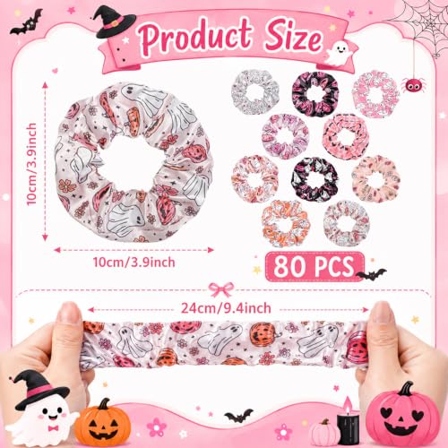 80 Pcs Pink Halloween Satin Hair Scrunchies for Women Spooky Cute Ghost Pumpkin Hair Ties Cute Elastic Bands Ropes Ponytail Holder Bulk Halloween Party Favors Goodie Bag Fillers - style: Halloween