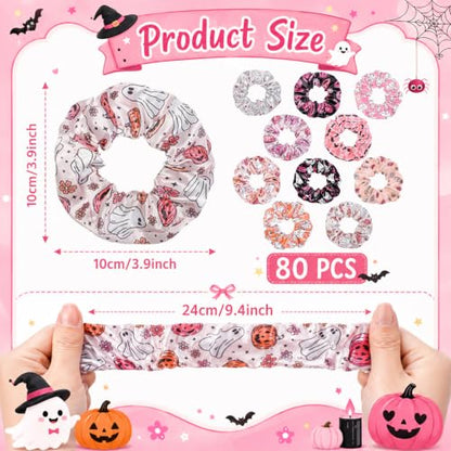 80 Pcs Pink Halloween Satin Hair Scrunchies for Women Spooky Cute Ghost Pumpkin Hair Ties Cute Elastic Bands Ropes Ponytail Holder Bulk Halloween Party Favors Goodie Bag Fillers - style: Halloween
