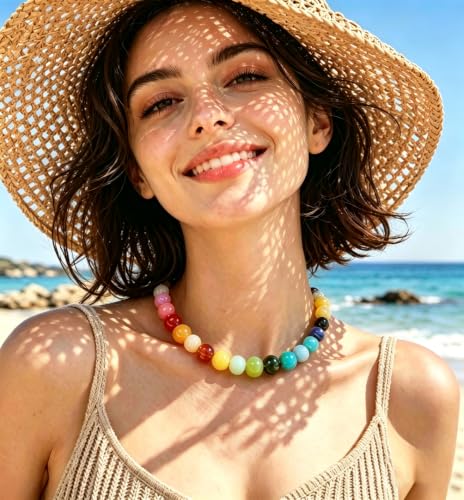 Chunky Beaded Necklace for Women 16mm Round Bead Resin Modern Statement Necklace Jewelry Accessories - color: colorful 08