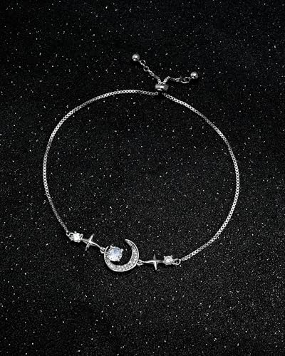 Silver Moon and Star Bracelet for Women Cubic Zirconia Adjustable Link Bracelet Celestial Charm Jewelry Gift for Her