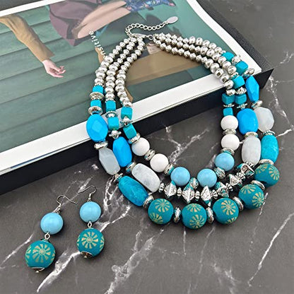 Bocar 3 Layer Chunky Statement Beaded Necklace and Earrings Set, Fashion Multi Layer Women Collar Necklace Jewelry Set - color: Cyan Blue-Silver