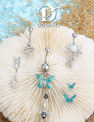 Dochais Belly Buton Rings Surgical Stainless Steel Belly Button Ring for Women Dangle Belly Button Rings Butterfly Cubic Zirconia Navel Barbell Body Piercing - color: Silver