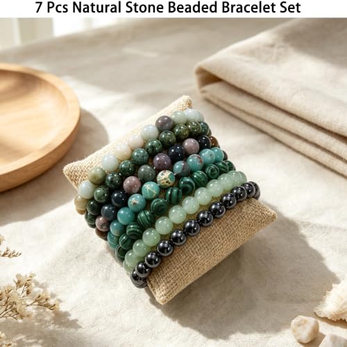 COLOYAN 7 Pcs 8mm Natural Stone Beaded Healing Crystal Bracelets for Women | Durable Handmade Stretch Bracelets, Multiple Styles,Semi-Precious Gemstones Reiki Spiritual Jewelry Gift Meditation Yoga - color: B