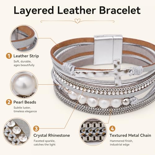 Vercret Leather Wrap Bracelet for Women, Multi-Layer Cuff Bangle | Boho Stacked Bracelets with Safe Clasp Western Bangle Jewelry Gift for Lady and Mom Sister Friend - style: Sliver